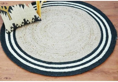 THERUGSGALLERY White, Black Cotton Area Rug(90 cm,  X 90 cm, Circle)
