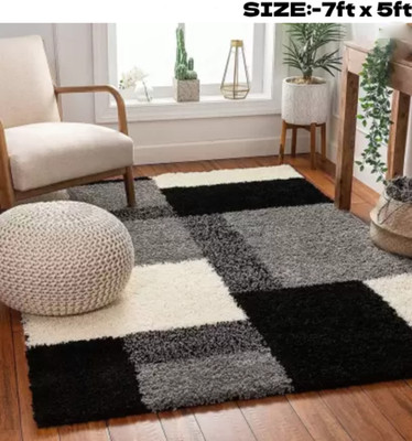 RM Handloom Black, Grey, White Polyester Carpet(7 ft,  X 5 ft, Rectangle)