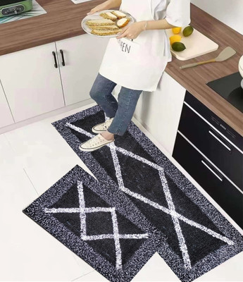 ROUSN Cotton Floor Mat(Black, Free, Pack of 2)