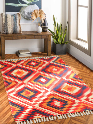 HOMADORN Multicolor, Orange Polyester Dhurrie(5 ft,  X 7 ft, Rectangle)