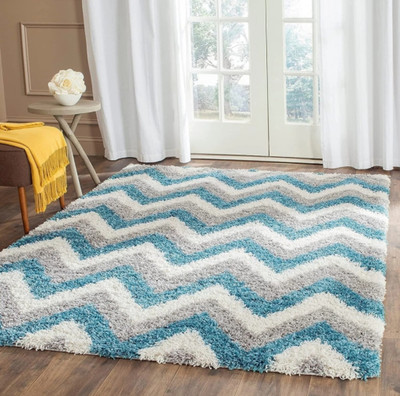 SR Handloom Blue, White Polyester Carpet(152.4 cm,  X 213.36 cm, Rectangle)