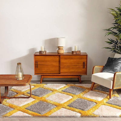 RM Handloom Yellow, Grey Polyester Carpet(7 ft,  X 5 ft, Rectangle)
