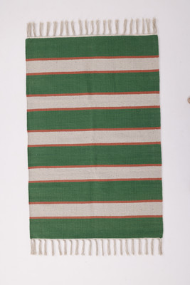 UB Home and Decor Green, White Cotton Area Rug(60 cm,  X 90 cm, Rectangle)