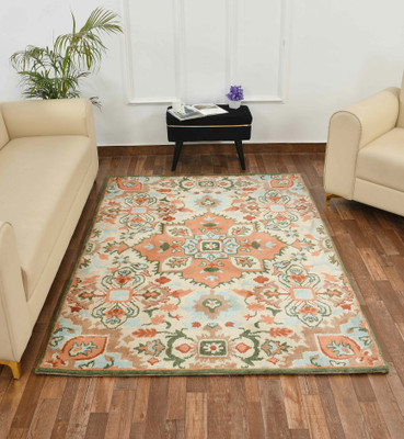 PRESTO BAZAAR Peach, White Polyester Carpet(4 ft,  X 6 ft, Rectangle)