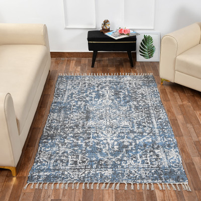 HOMADORN Blue, White Polyester Dhurrie(4 ft,  X 6 ft, Rectangle)