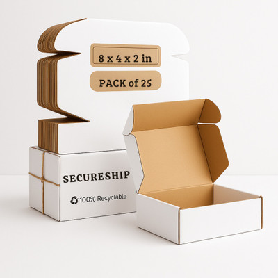 SecureShip Corrugated Cardboard 3 Ply White Flap Box Size- 8x4x2 In For Gifts| cosmetics | Small Packaging Box(Pack of 25 White)