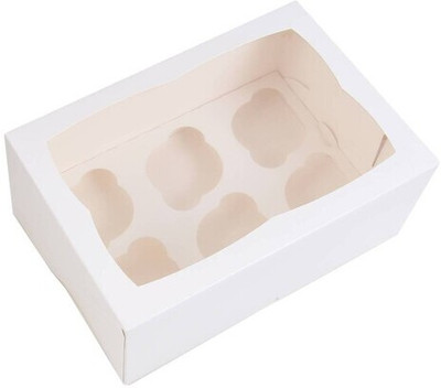 BELCORR Cake Box Paper White 6 Cupcake Box with Window and Tray; Size -23.5x16x7.5 cms Packaging Box(Pack of 10 White)
