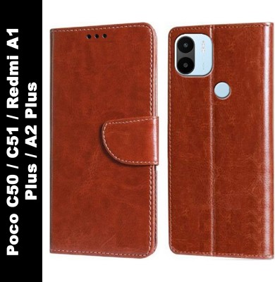 Wristlet Flip Cover for Redmi A1 Plus, Redmi A2 Plus, POCO C50, POCO C51(Brown, Dual Protection, Silicon, Pack of: 1)