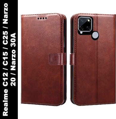 Casotec Flip Cover for Realme C12, C15, C25, Narzo 20, Narzo 30A(Brown, Pack of: 1)