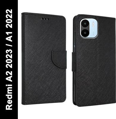 Wristlet Flip Cover for Mi A1, Redmi A1 2022, Redmi A2 2023(Black, Cases with Holder, Silicon, Pack of: 1)