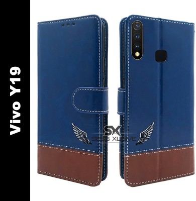 SESS XUSIVE Flip Cover for Vivo Y19 -Dual-Color Leather Finish Wallet - Blue & Brown(Multicolor, Dual Protection)