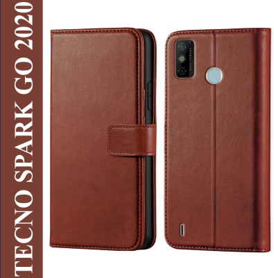 Kreatick Back Cover for Tecno Spark Go 2020 - Inbuilt Stand & Card Pockets | Hand Stitched | Wallet Flip Case(Brown, Dual Protection, Pack of: 1)