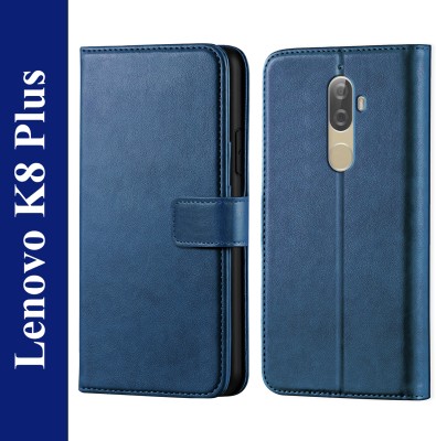 Kreatick Back Cover for Lenovo K8 Plus - Inbuilt Stand & Card Pockets | Hand Stitched | Wallet Flip Case(Blue, Dual Protection, Pack of: 1)