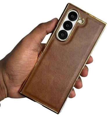 VURIOZZ Back Cover for Samsung Galaxy Z Fold 6 Electroplating Leather Ultimate and Protection Chrome Plain Case(Brown, Dual Protection, Pack of: 1)