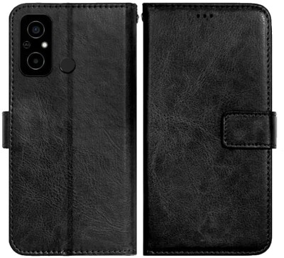 Loopee Flip Cover for Redmi 12C, Poco C55 Premium Leather Finish, with Card Pockets, Wallet Stand(Black, Dual Protection, Pack of: 1)