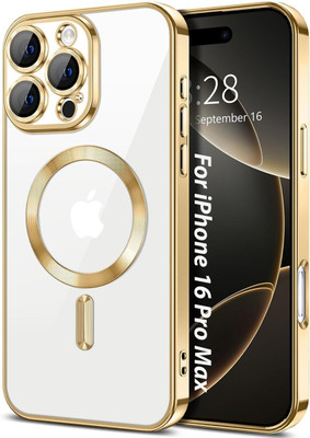 VONZEE Back Cover for iPhone 16 Pro Max Clear Magnetic Plated Shockproof Soft TPU Electroplated Bumper Case(Gold, Magnetic Case, Silicon, Pack of: 1)