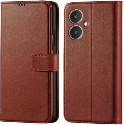Innovex Back Cover for Redmi 13C 5G - Inbuilt Stand & Card Pockets | Hand Stitched | Wallet Flip Case(Brown, Magnetic Case, Pack of: 1)