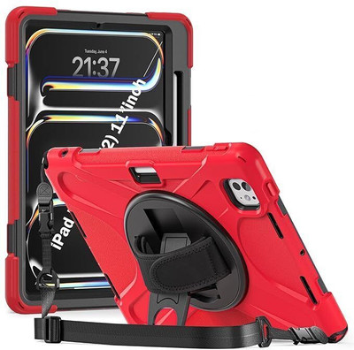 Proelite Back Cover for iPad Pro 11 2024/2025 M4/M5 Rugged 3 Layer Armor Case with Pencil Holder, Shoulder Strap(Red)
