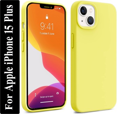 Coverskart Liquid Silicone Back Cover for Apple iPhone 15 Plus, Logo Embossed Shock Proof Microfiber Case(Yellow, Camera Bump Protector, Silicon, Pack of: 1)