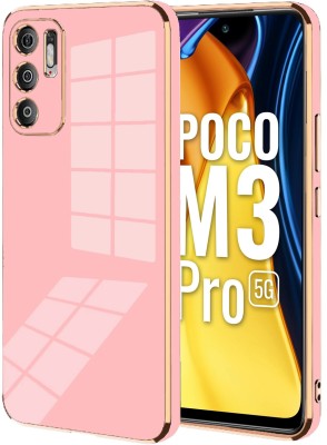 VAPRIF Back Cover for POCO M3 Pro 5G, Golden Line, Premium Soft Chrome Case | Silicon Gold Border(Pink, Shock Proof, Silicon, Pack of: 1)