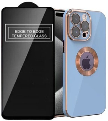 A3sprime Edge To Edge Tempered Glass for APPLE iPhone 15 Pro Max, with Soft Silicon Golden Side Colored Back Cover, (Color - Blue)(Pack of 2)