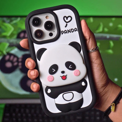 VURIOZZ Back Cover for iPhone 16 Pro Max Cute Panda with Mirror and Stand Case, Soft Silicone 3D Cartoon & Holder(Black, 3D Case, Silicon, Pack of: 1)