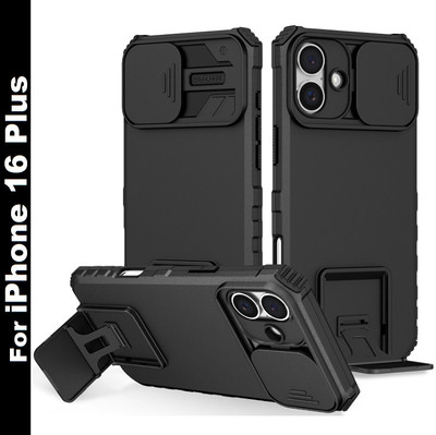 ShieldTech Back Cover for iPhone 16 Plus, Sliding Camera Shield Cover & Stereoscopic Holder Mobile Phone Case(Black, Cases with Holder, Pack of: 1)