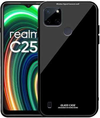 Caseworm Back Cover for Realme C25Y Toughened Glass Back With Silicon Sides Case(Black, Grip Case, Pack of: 1)