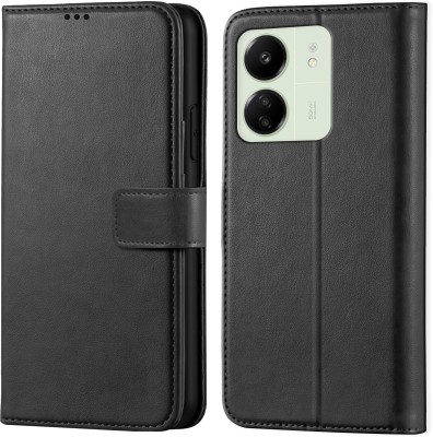 Innovex Back Cover for Redmi 13C - Inbuilt Stand & Card Pockets | Hand Stitched | Wallet Flip Case(Black, Magnetic Case, Pack of: 1)