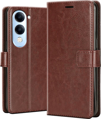 Driden Back Cover for Iqoo Z10 Lite 5G - Inbuilt Stand & Card Pockets | Hand Stitched | Wallet Flip Case(Brown, Camera Bump Protector, Pack of: 1)