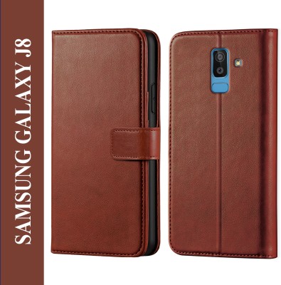 Innovex Back Cover for Samsung Galaxy J8 - Inbuilt Stand & Card Pockets | Hand Stitched | Wallet Flip Case(Brown, Pack of: 1)
