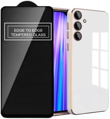 A3sprime Edge To Edge Tempered Glass for SAMSUNG Galaxy A34 5G, with Soft Silicon Golden Side Colored Back Cover, (Color - White)(Pack of 2)