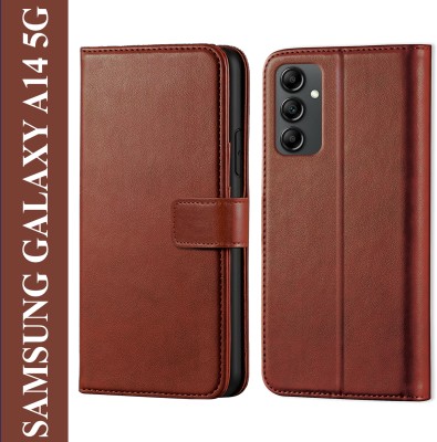Innovex Back Cover for Samsung Galaxy A14 5G - Inbuilt Stand & Card Pockets | Hand Stitched | Wallet Flip Case(Brown, Pack of: 1)