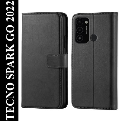 Kreatick Back Cover for Tecno Spark Go 2022 - Inbuilt Stand & Card Pockets | Hand Stitched | Wallet Flip Case(Black, Dual Protection, Pack of: 1)