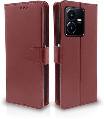 BITON Back Cover for Vivo Y22 Flip Case Leather Finish | Inside TPU with Card Pockets | Wallet Stand and Shock(Brown, Hard Case, Pack of: 1)