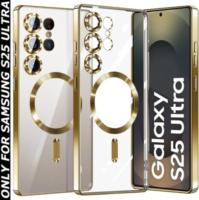VONZEE Back Cover for Samsung Galaxy S25 Ultra, Magsafe Compatible Built-in Camera Lens Electroplated Case(Gold, Transparent, Electroplated, Silicon, Pack of: 1)