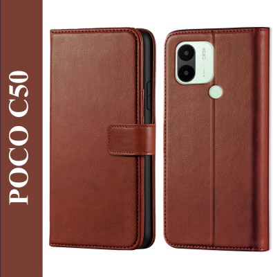 Innovex Back Cover for Poco C50 - Inbuilt Stand & Card Pockets | Hand Stitched | Wallet Flip Case(Brown, Pack of: 1)