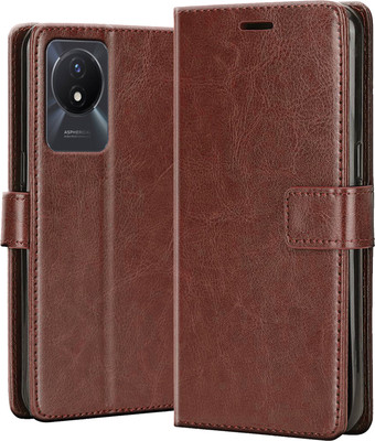 Driden Back Cover for Vivo Y02T - Inbuilt Stand & Card Pockets | Hand Stitched | Wallet Flip Case(Brown, Camera Bump Protector, Pack of: 1)