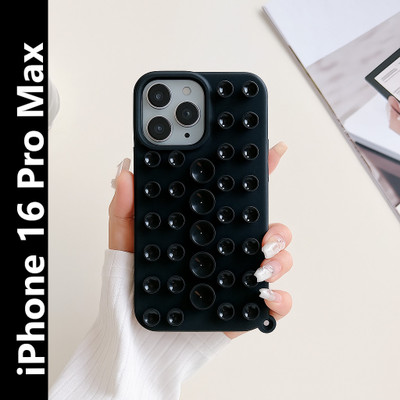 AKRIA Back Cover for iPhone 16 Pro Max, Cute Creative Suction Cup Case With Holder Cover For iPhone 16 Pro Max(Black, Flexible, Silicon, Pack of: 1)