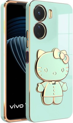 Dallao Back Cover for Vivo T2X 5G, Vivo Y16 3D Kitty with Folding Mirror Stand Slim electroplated case Soft TPU(Green, Shock Proof, Silicon, Pack of: 1)