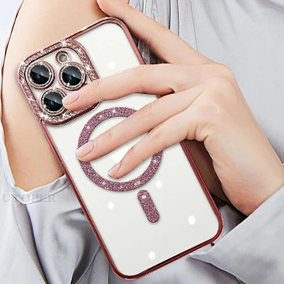 EXOTIC FLOURISH Back Cover for Apple Iphone 15 Pro Max, Full Camera Protection Rhinestone Luxury Plating Bling(Pink, Dual Protection, Pack of: 1)