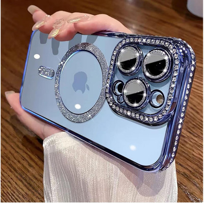AMEYAA Back Cover for Apple iPhone 15 Pro Max Magsafe Glitter Diamond Camera Protector,Luxury Plated(Blue, Shock Proof, Pack of: 1)