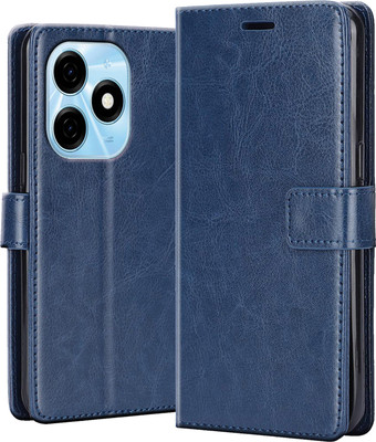 Crickle Back Cover for Tecno Spark 20 4G - Inbuilt Stand & Card Pockets | Hand Stitched | Wallet Flip Case(Blue, Dual Protection, Pack of: 1)