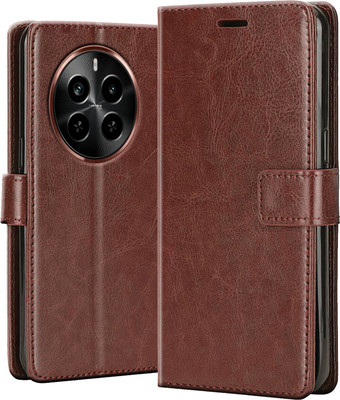Astriele Back Cover for Realme P1 Pro 5G - Inbuilt Stand & Card Pockets | Hand Stitched | Wallet Flip Case(Brown, Camera Bump Protector, Pack of: 1)