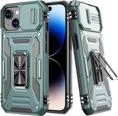 ShieldTech Back Cover for iPhone 15 Plus, Sliding Camera Shield Cover & 360° Protection Ring Stand Mobile Phone Case(Green, Ring Case, Pack of: 1)