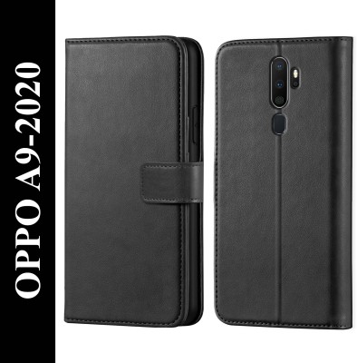 Kreatick Back Cover for Oppo A9 2020 - Inbuilt Stand & Card Pockets | Hand Stitched | Magnetic Wallet Flip Case(Black, Dual Protection, Pack of: 1)