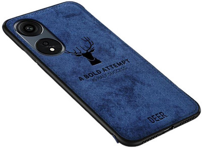 MOBILOVE Back Cover for Oppo A78 5G | Deer Pattern Cloth Texture Leather Finish Soft Fabric Case(Blue, Camera Bump Protector, Pack of: 1)