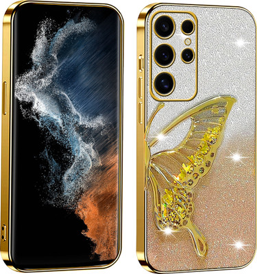 Mintzz Back Cover for SAMSUNG GALAXY S22 ULTRA 5G, Cute Luxury Butterfly Glitter Girls Cover(Gold, Electroplated, Pack of: 1)