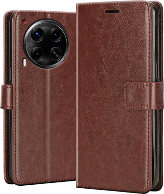 Crickle Back Cover for Tecno Camon 30 5G - Inbuilt Stand & Card Pockets | Hand Stitched | Wallet Flip Case(Brown, Dual Protection, Pack of: 1)