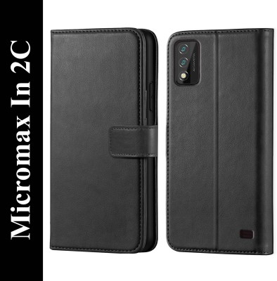 Innovex Back Cover for Micromax In 2C - Inbuilt Stand & Card Pockets | Hand Stitched | Wallet Flip Case(Black, Pack of: 1)